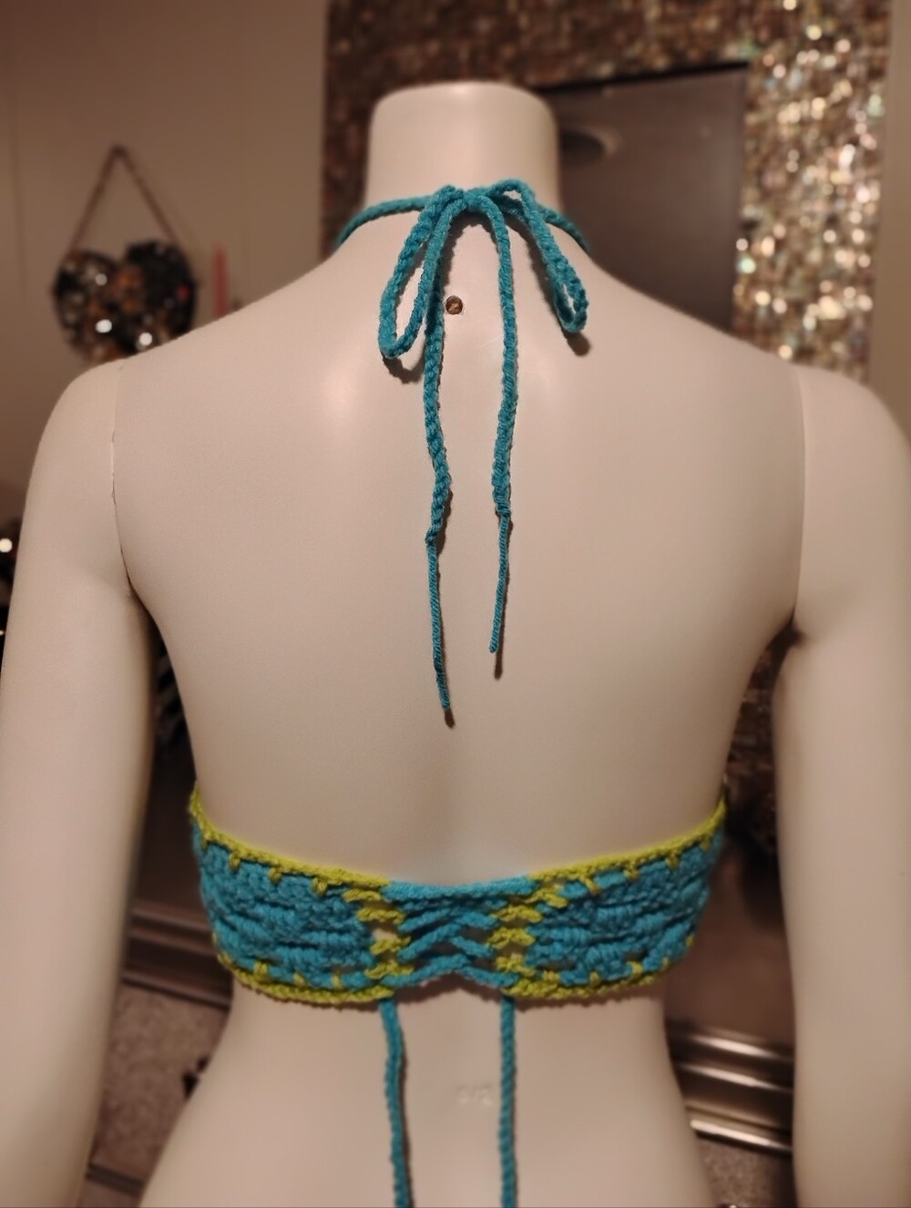Handmade Crochet Bralette - Turquoise with Lime Trim - Picture 4 of 11
